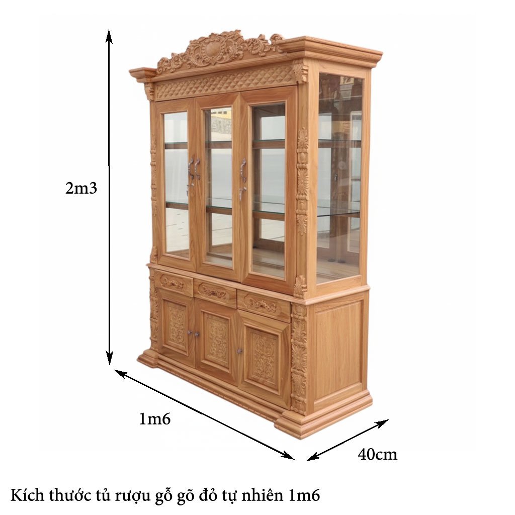 Kích thước tủ rượu gỗ gõ đỏ 3 cánh