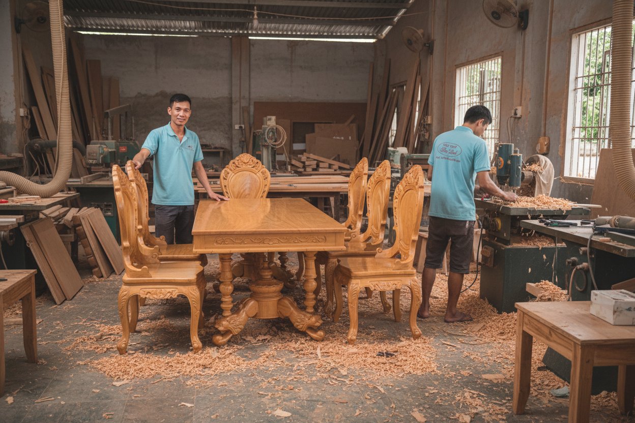 Bàn ăn chân sư tử gỗ gõ đỏ mặt liền tấm cao cấp