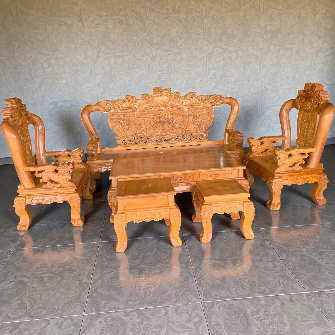 Bàn ghế gỗ chạm Nghê Phượng tay 12 gỗ gõ đỏ phòng khách