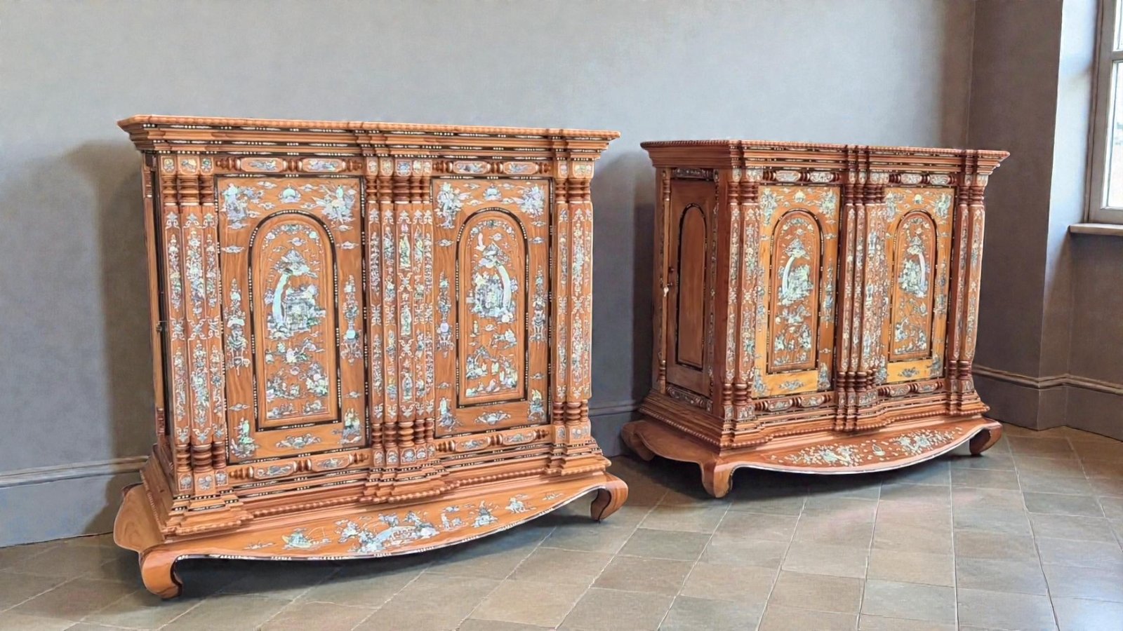 Tủ thờ gỗ Gõ Đỏ cẩn xà cừ cao cấp 15 trụ