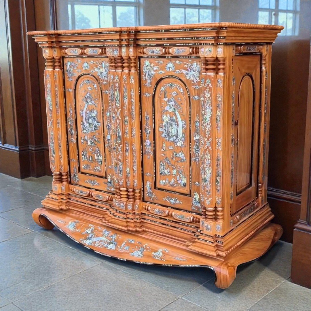 Tủ thờ gỗ Gõ Đỏ cẩn xà cừ cao cấp 15 trụ sang trọng