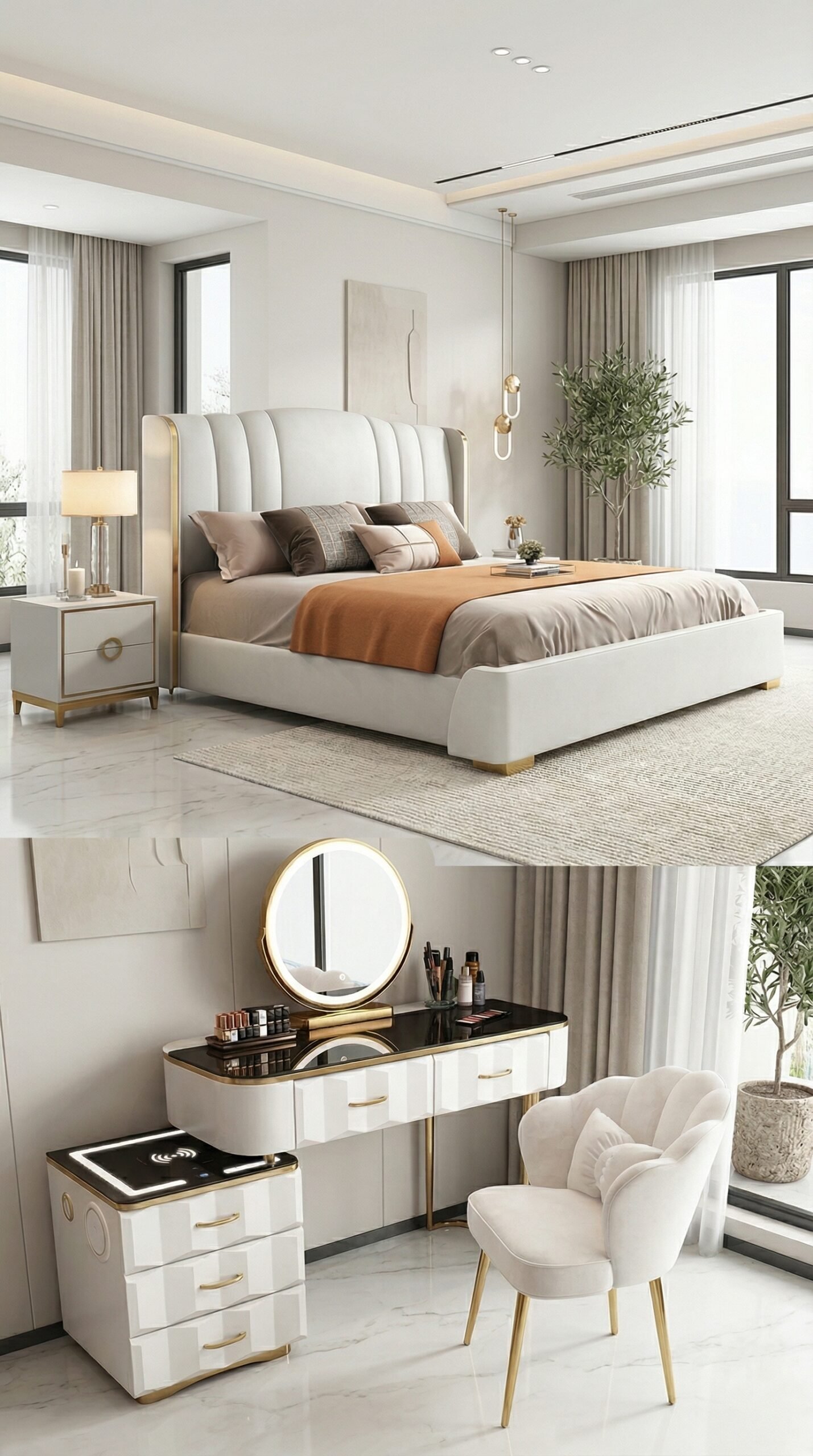 Combo giường bọc nệm bàn trang điểm màu trắng kem hiện đại