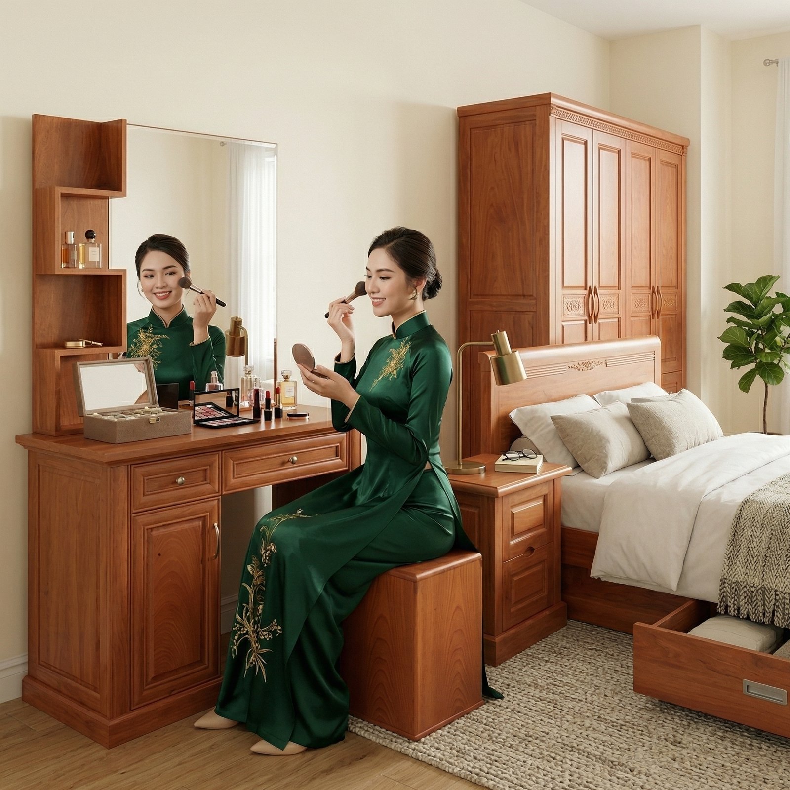 Combo nội thất phòng ngủ gỗ tự nhiên vân xoan đào cao cấp