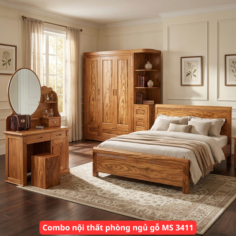 Combo nội thất phòng ngủ gỗ MS 3411 1 Combo nội thất phòng ngủ gỗ tự nhiên vân Hương Xám