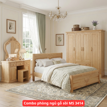Combo phòng ngủ gỗ sồi tự nhiên hiện đại đầy đủ nội thất