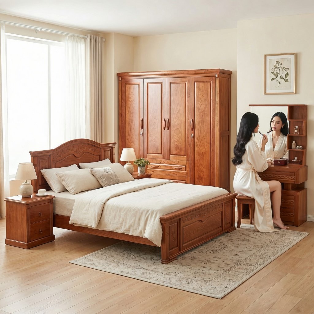 Combo phòng ngủ gỗ tự nhiên đẹp hiện đại đầy đủ nội thất