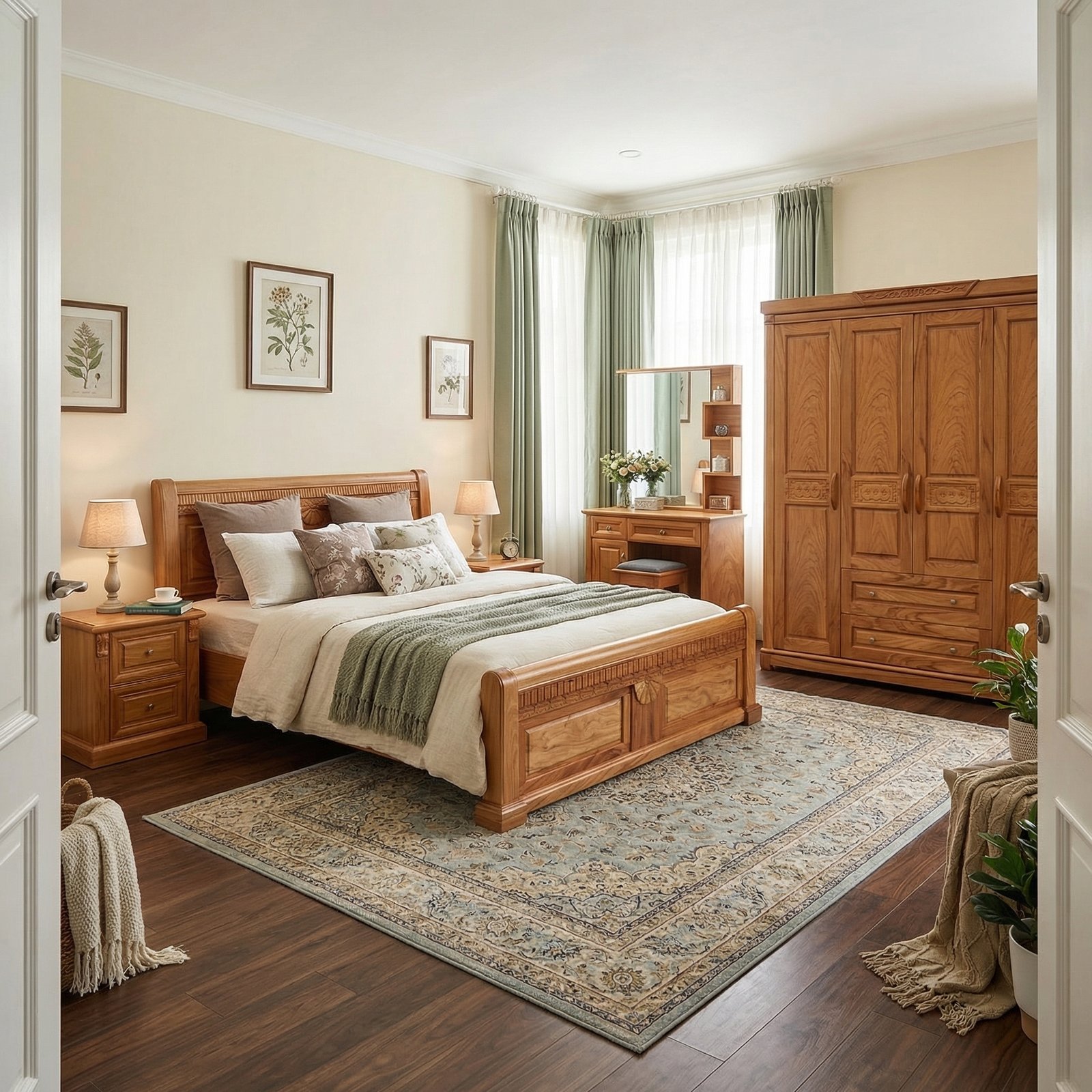 Combo phòng ngủ gỗ vân gõ MS 3412 8 Combo phòng ngủ gỗ vân gõ tự nhiên cao cấp sang trọng