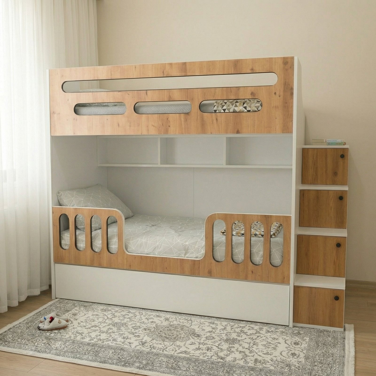 Giường tầng cho trẻ em gỗ công nghiệp hiện đại màu vân gỗ nâu trắng