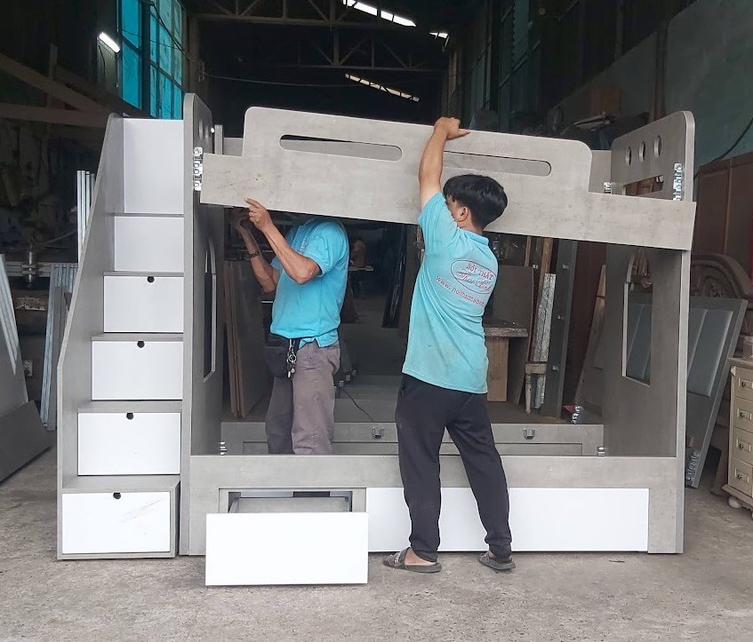 Giường tầng cho bé có ngăn kéo MS 3424 5 Giường tầng có ngăn kéo dưới gầm màu xám hiện đại cho bé