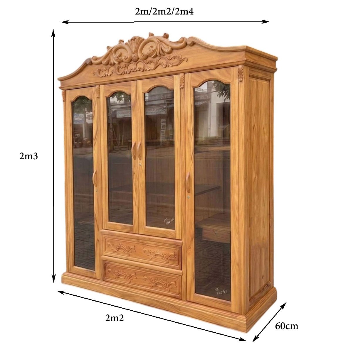 Tủ quần áo gỗ gõ đỏ cánh kính cường lực MS 3405 4 Kích thước tủ quần áo gỗ gõ đỏ cánh kính cường lực