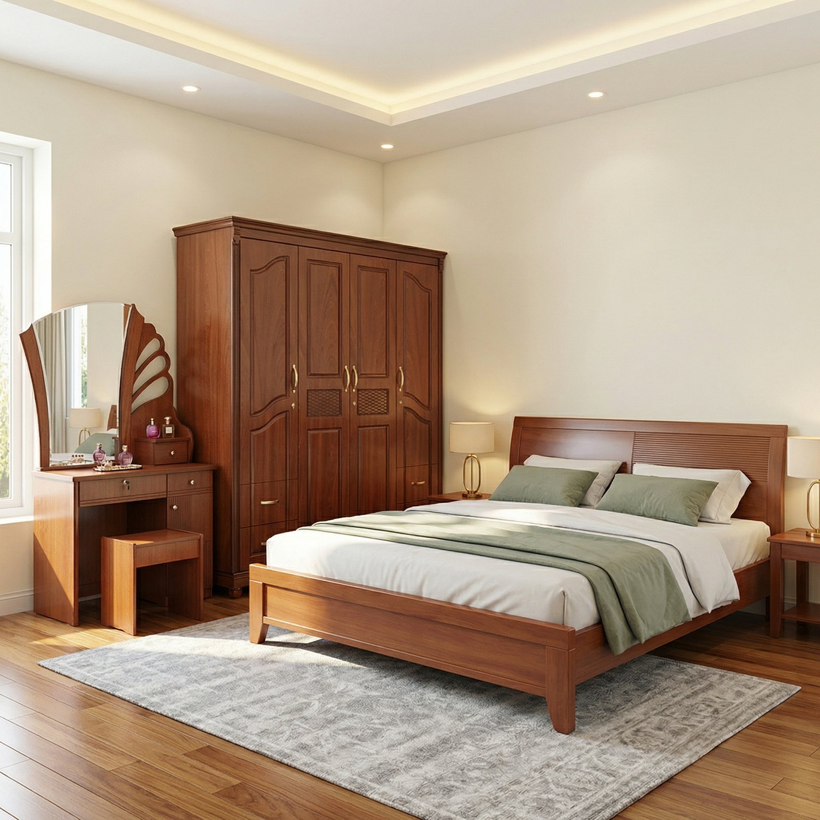 Nội thất phòng ngủ hiện đại gỗ MDF màu xoan đào đẹp