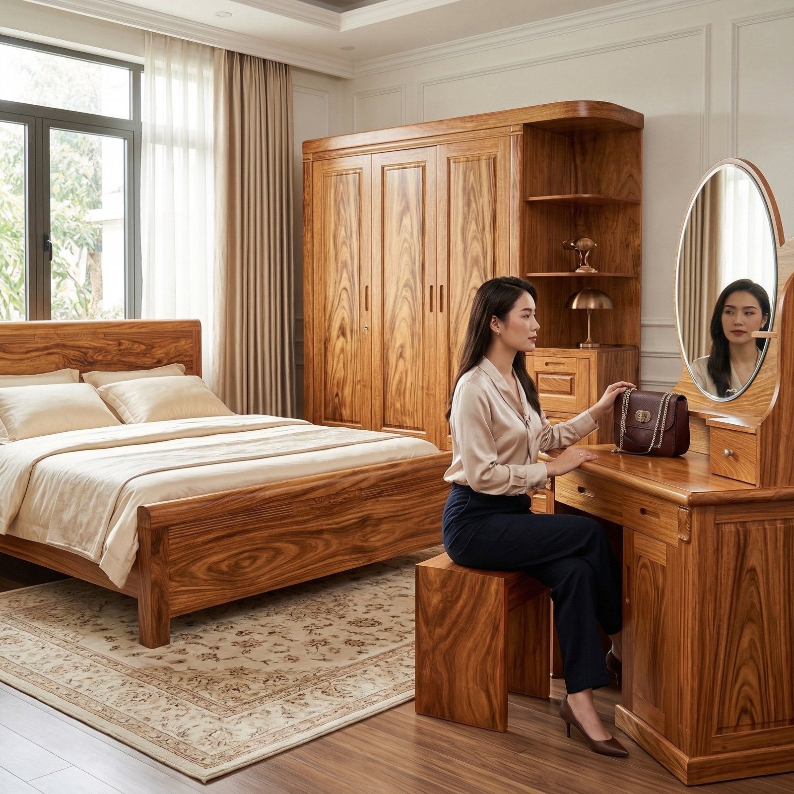 Combo nội thất phòng ngủ gỗ MS 3411 6 Combo nội thất phòng ngủ gỗ tự nhiên vân Hương Xám cao cấp