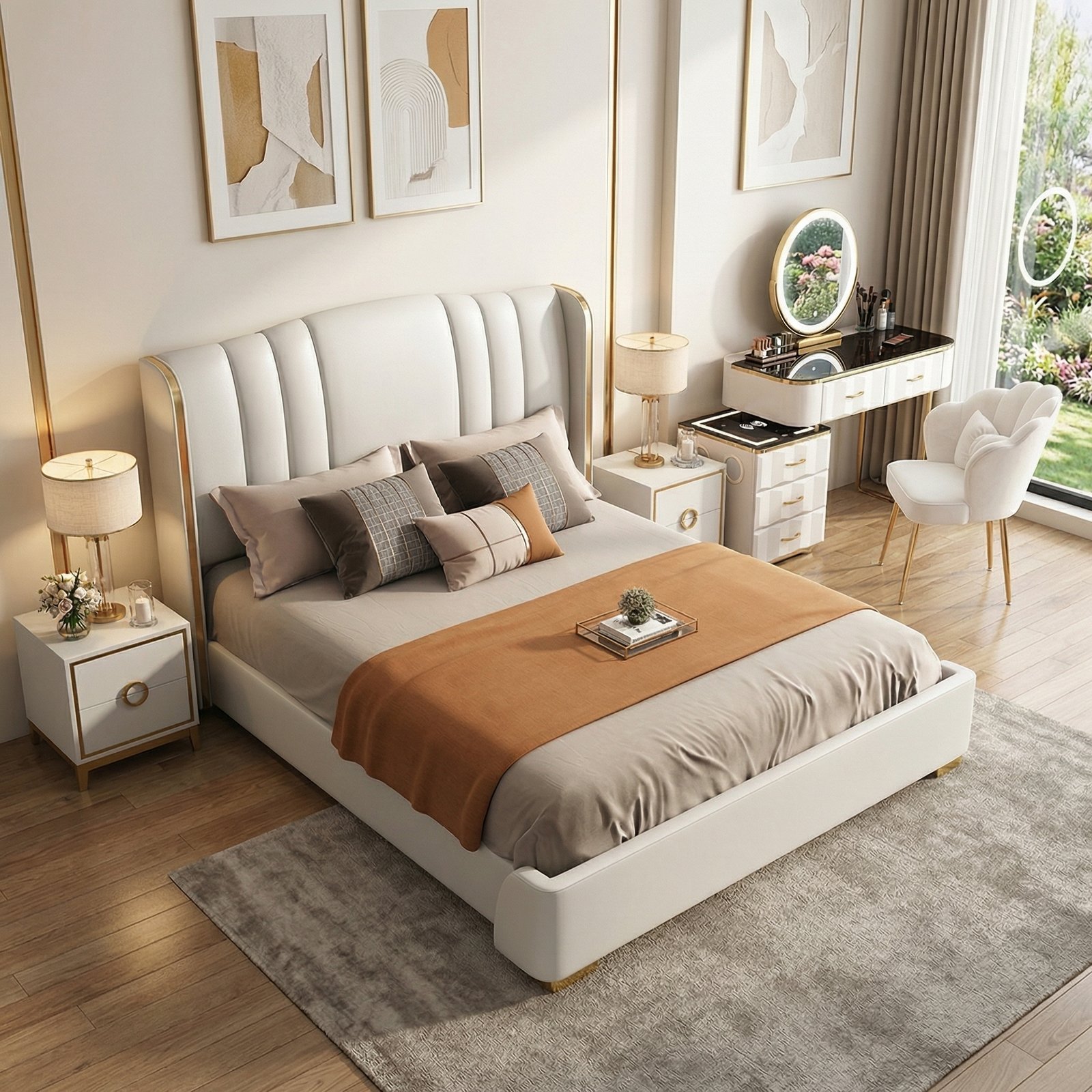 Combo giường bọc nệm bàn trang điểm đẹp sang trọng phòng ngủ