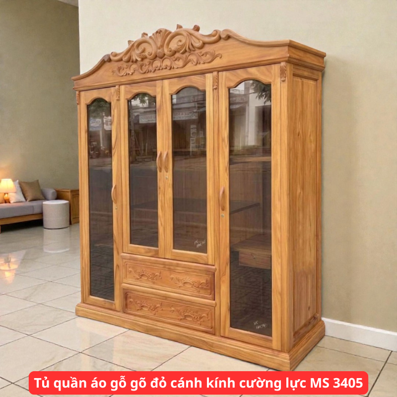 Tủ quần áo gỗ gõ đỏ cánh kính cường lực MS 3405 1 Tủ quần áo gỗ gõ đỏ cánh kính cường lực MS 3405