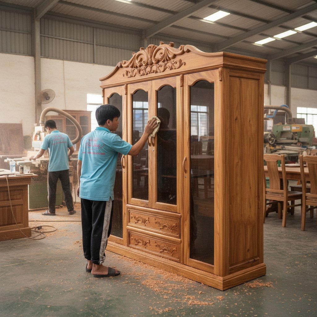 Tủ quần áo gỗ gõ đỏ cánh kính cường lực MS 3405 8 Tủ quần áo gỗ gõ đỏ cánh kính cường lực kích thước lớn hiện đại