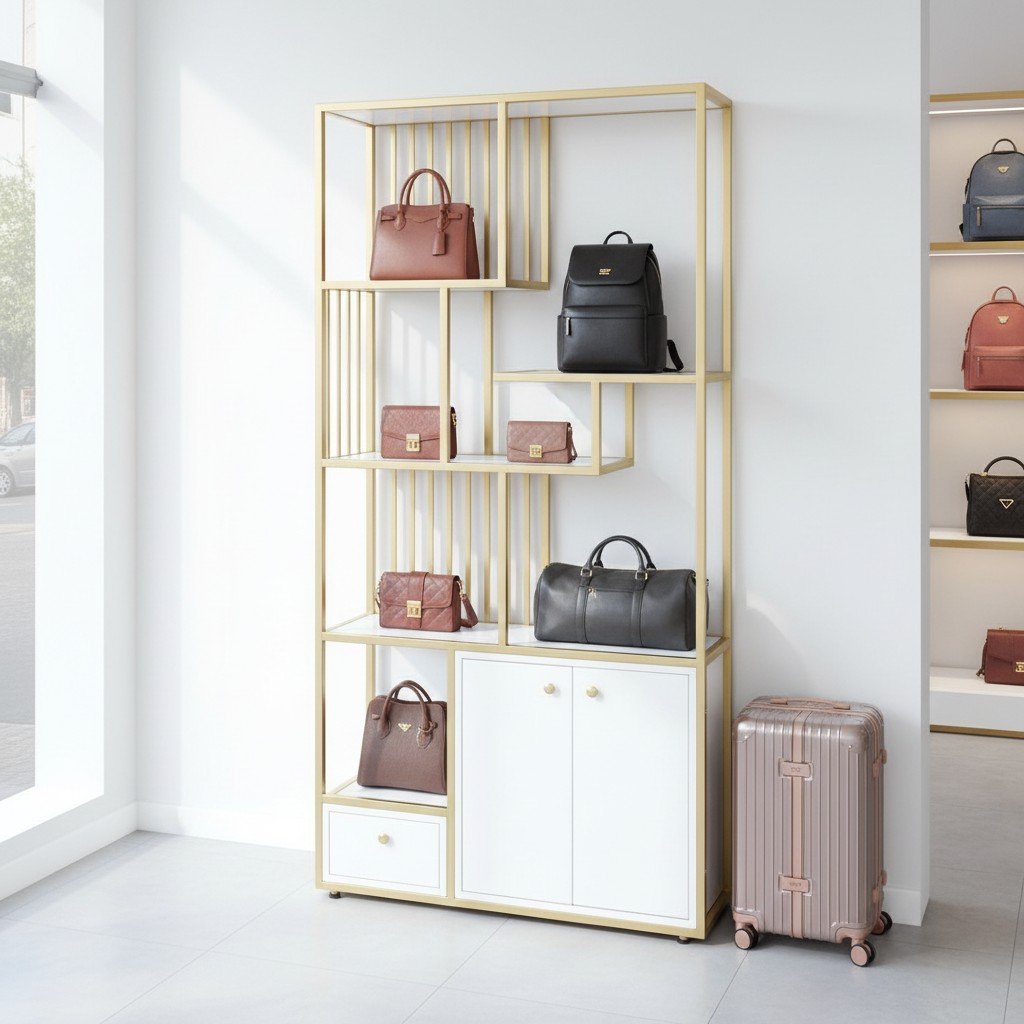 Kệ trưng bày sản phẩm cao cấp khung sắt màu đồng gỗ MDF trắng