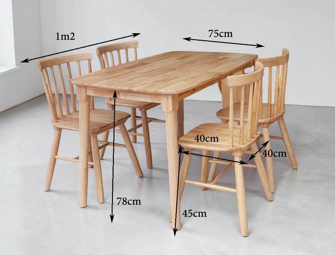 Kích thước bộ bàn ăn 4 ghế gỗ cao su