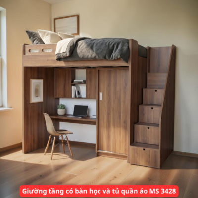 Giường tầng có bàn học và tủ quần áo