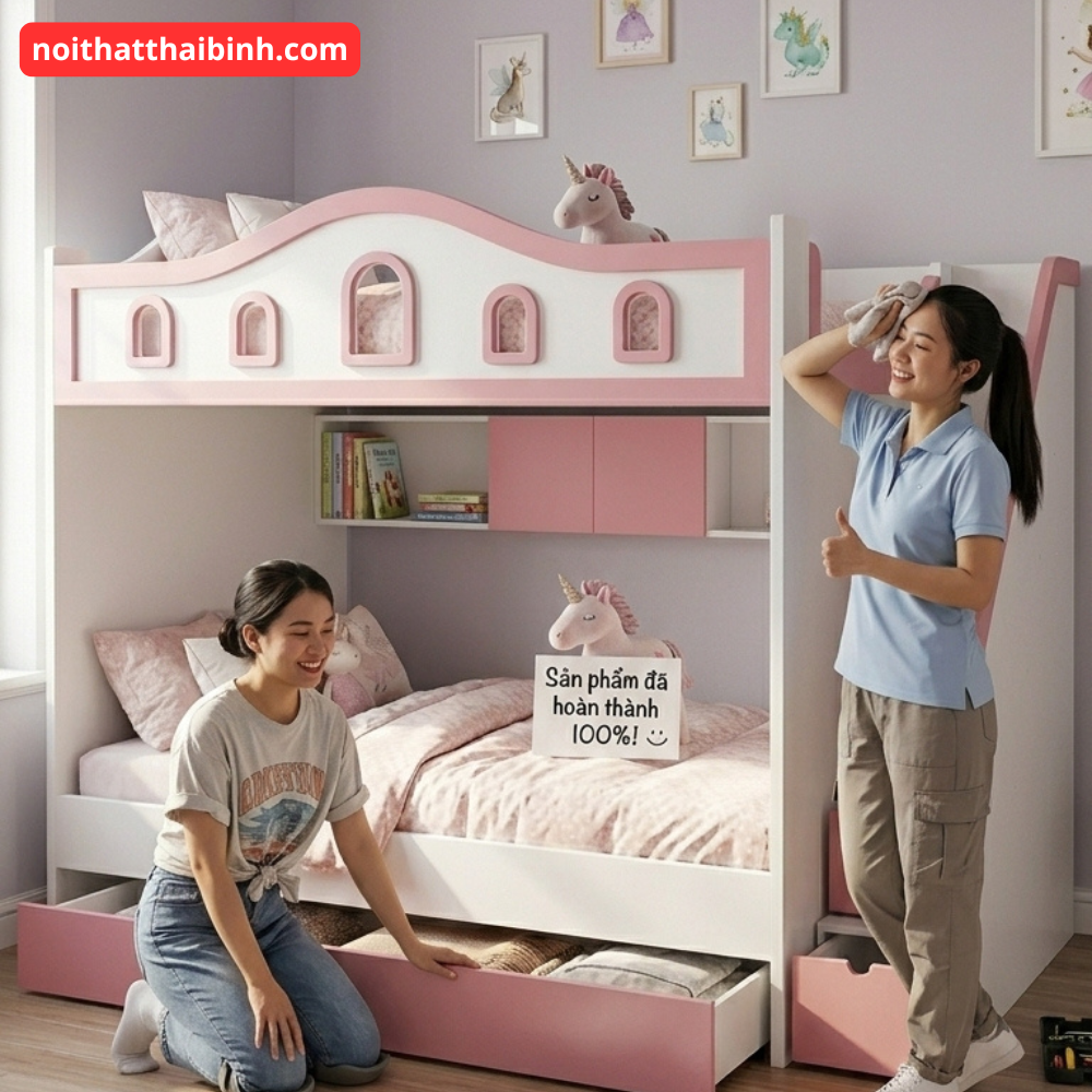 Giường tầng có cầu thang hộp màu hồng trắng an toàn cho bé