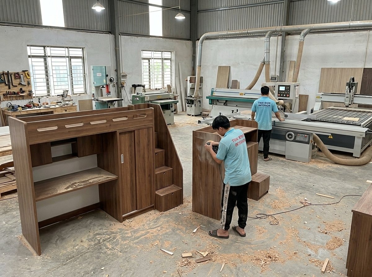 Giường tầng có bàn học và tủ quần áo MS 3428 Giường tầng gỗ công nghiệp mdf