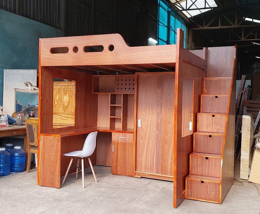 Giường tầng gỗ thịt tiết kiệm không gian diện tích cho phòng ngủ hiện đại.