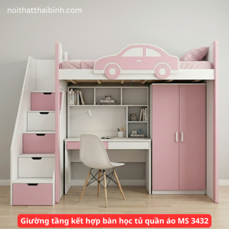 Giường tầng kết hợp bàn học tủ quần áo MS 3432