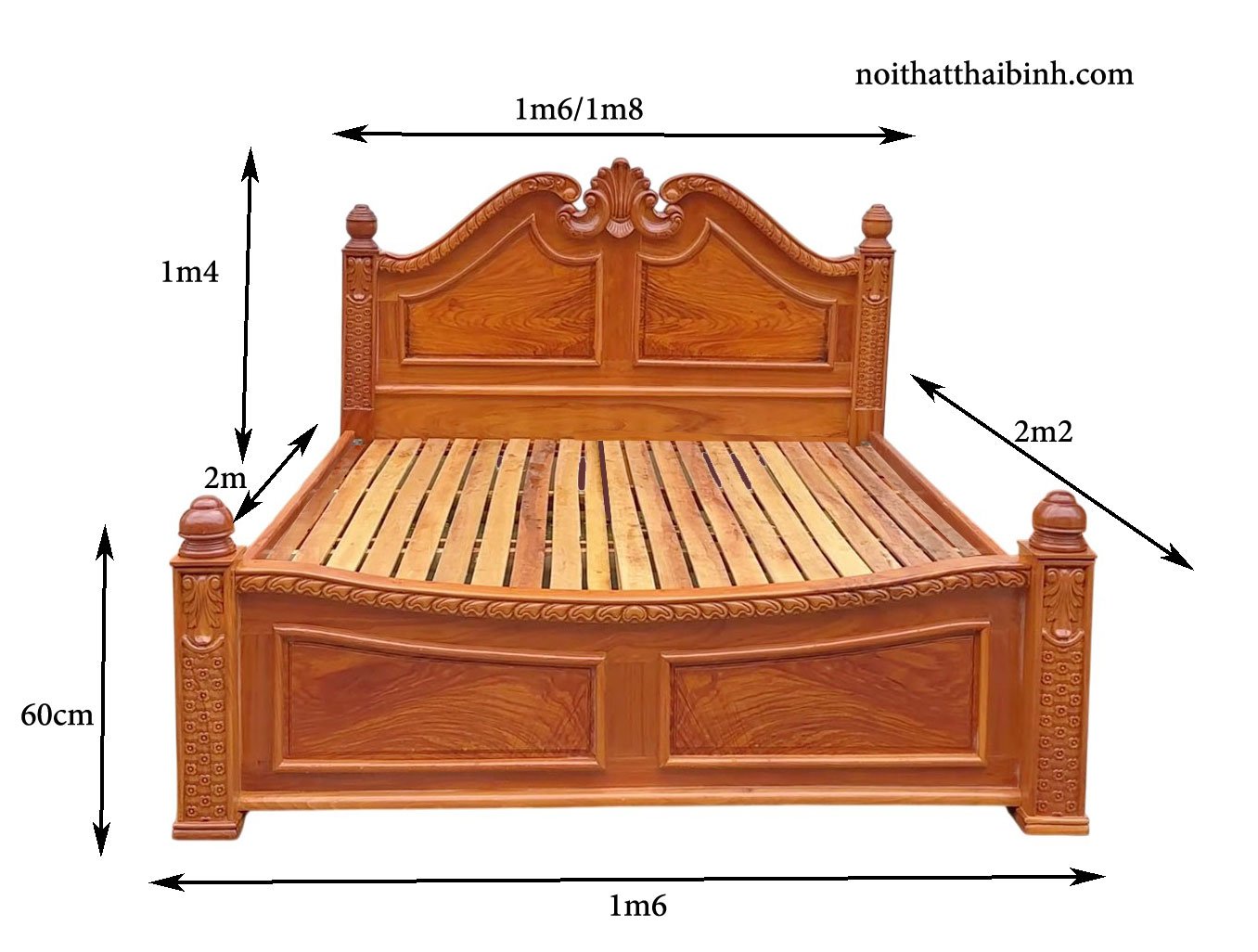 Kích thước giường Gõ Đỏ Tự Nhiên Cao Cấp MS 3442