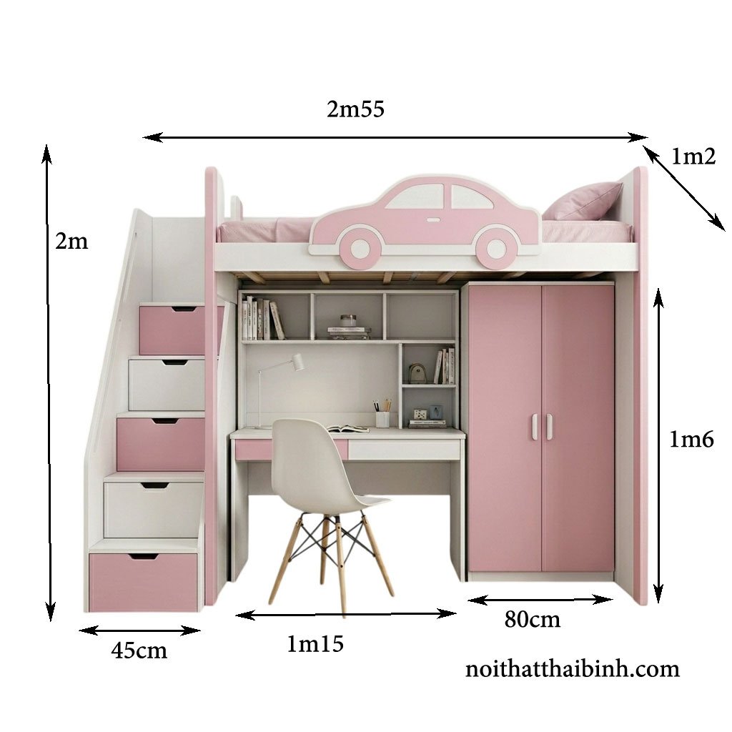 Kích thước giường tầng kết hợp bàn học tủ quần áo