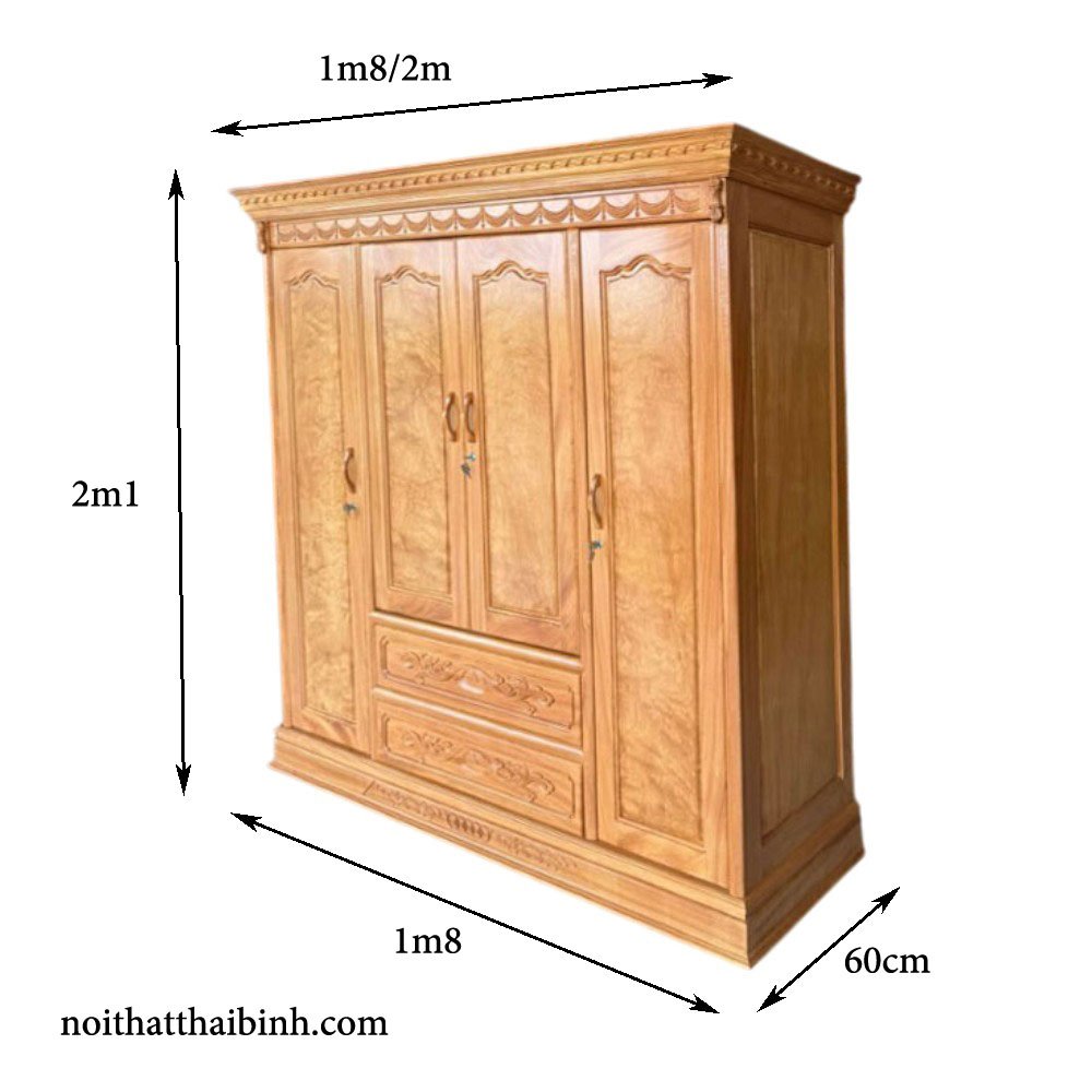 Kích thước tủ quần áo gỗ gõ đỏ 4 cánh 1m8 và 2m
