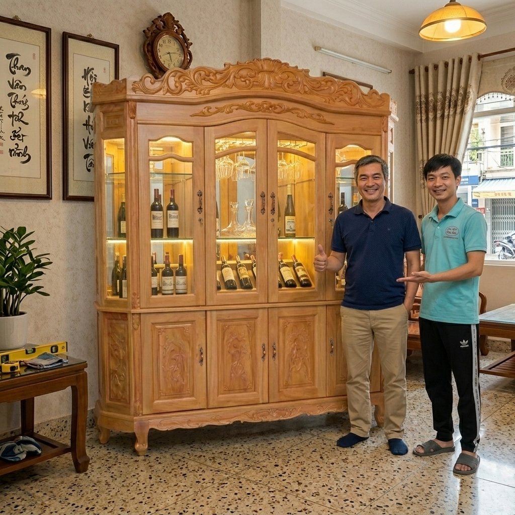 Lắp đặt hoàn thiện tủ rượu gỗ gõ đỏ hiện đại cho khách hàng Chị Tâm Quận 3