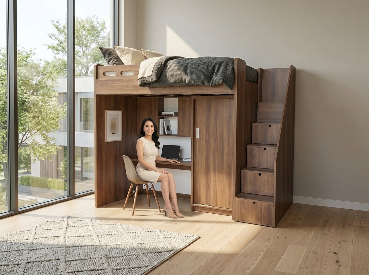 Giường tầng có bàn học và tủ quần áo MS 3428 Mẫu giường tầng kết hợp tủ