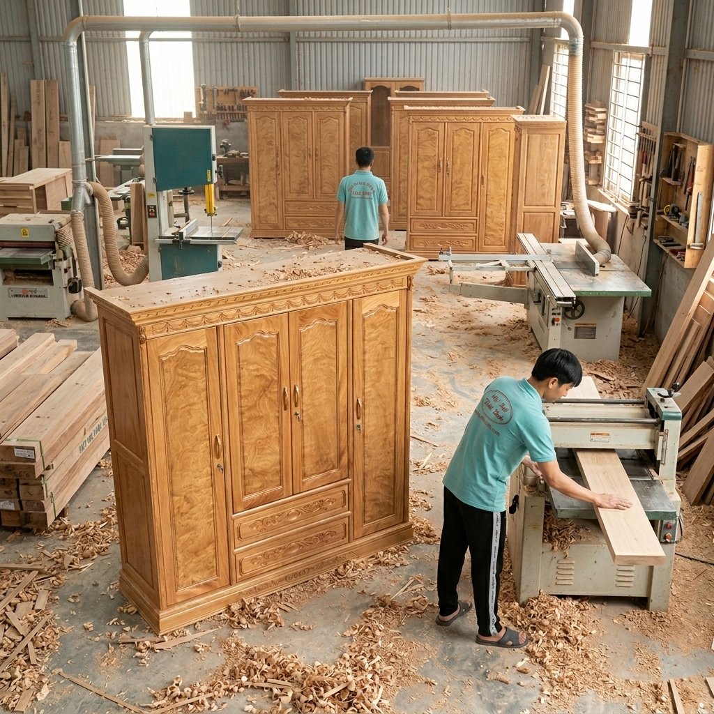 Thợ mộc đang hoàn thiện tủ quần áo gỗ gõ đỏ tại xưởng Nội thất Thái Bình