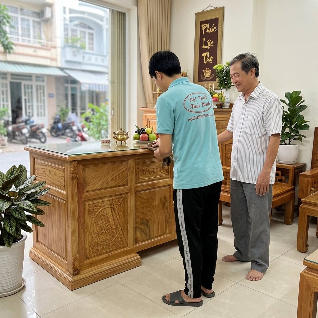 Thợ ráp bàn bàn việc tại nhà anh Bình tại quận 3 TPHCM