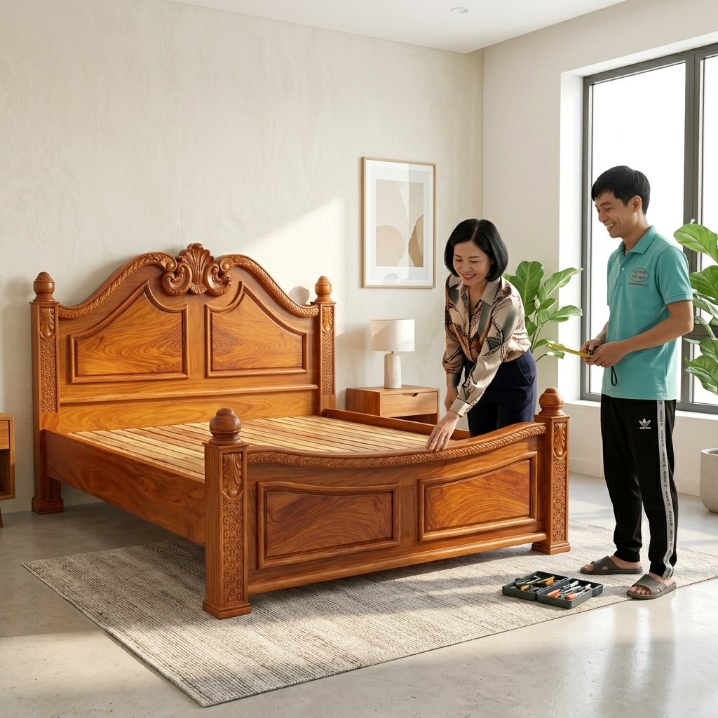 Giường gỗ gõ đỏ vừa lắp xong trưa nay