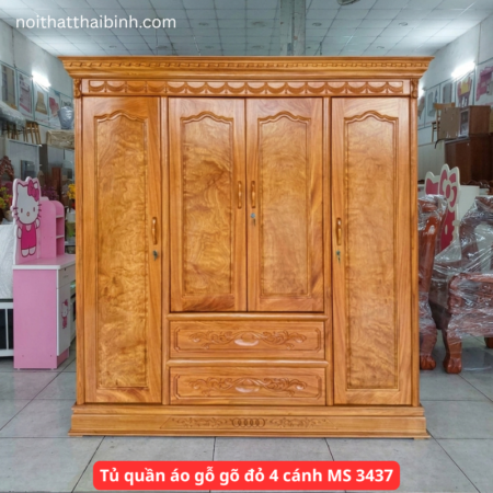 Tủ quần áo gỗ gõ đỏ 4 cánh MS 3437