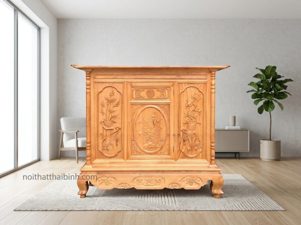 Mẫu bàn thờ đẹp gỗ gõ đỏ chân quỳ Nội Thất Thái Bình