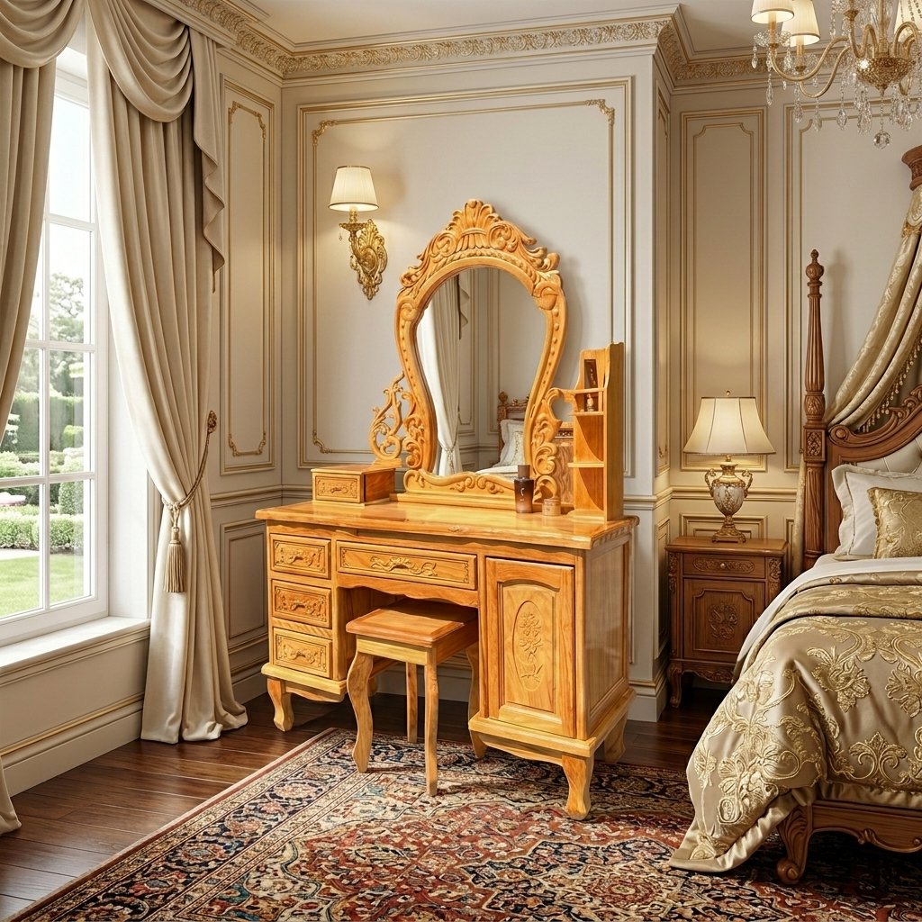 Bàn trang điểm gỗ gõ đỏ đặt trong phòng ngủ tân cổ điển