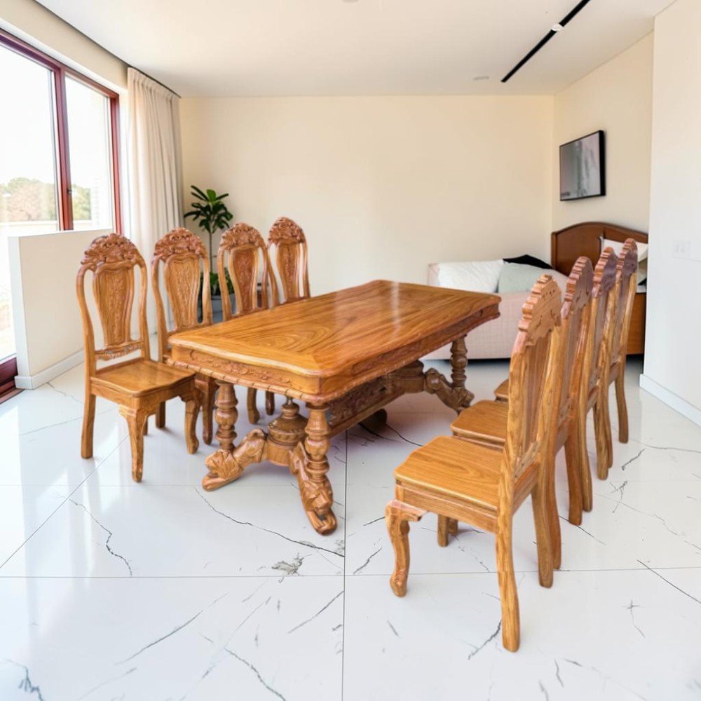 Bàn ghế ăn gỗ gõ đỏ chữ nhật 8 ghế chạm trổ tinh xảo