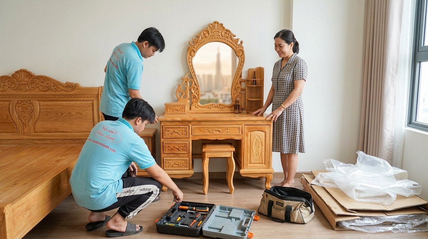Chị Lê Thanh Thúy – Quận Bình Thạnh, TPHCM | Bàn trang điểm gỗ gõ đỏ