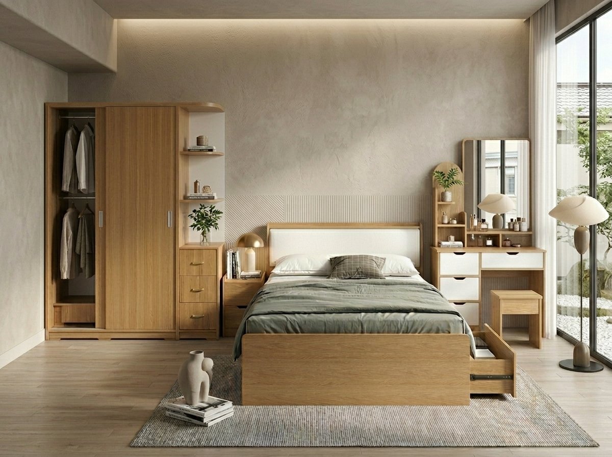 Combo phòng ngủ hiện đại trọn bộ gỗ MDF lõi xanh tại Nội thất Thái Bình