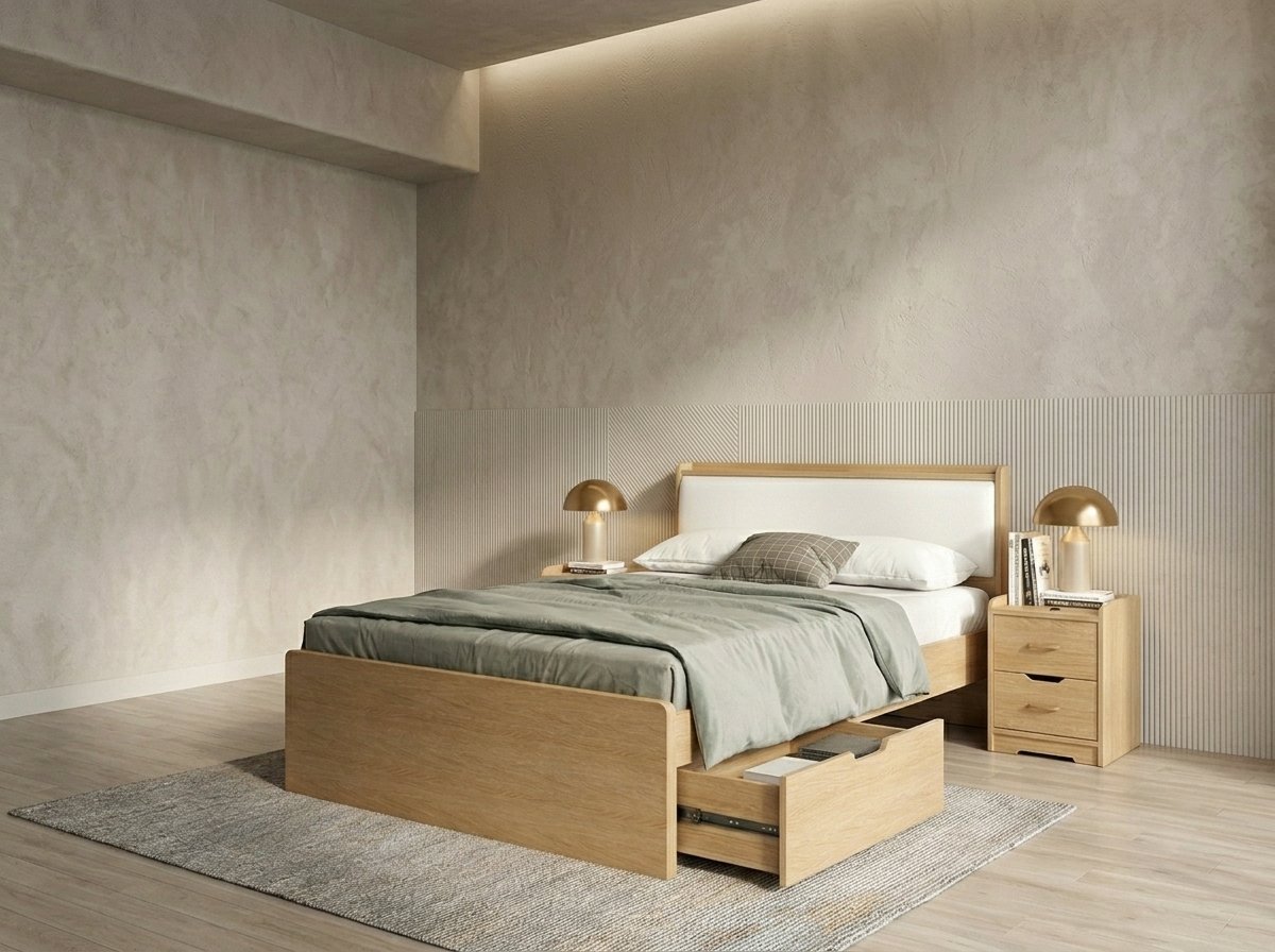 Giường ngủ 1m6 và tủ đầu giường trong combo phòng ngủ hiện đại màu vàng nhạt