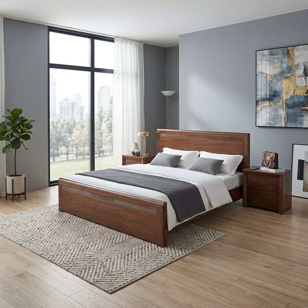 Giường ngủ gỗ sồi sơn màu óc chó