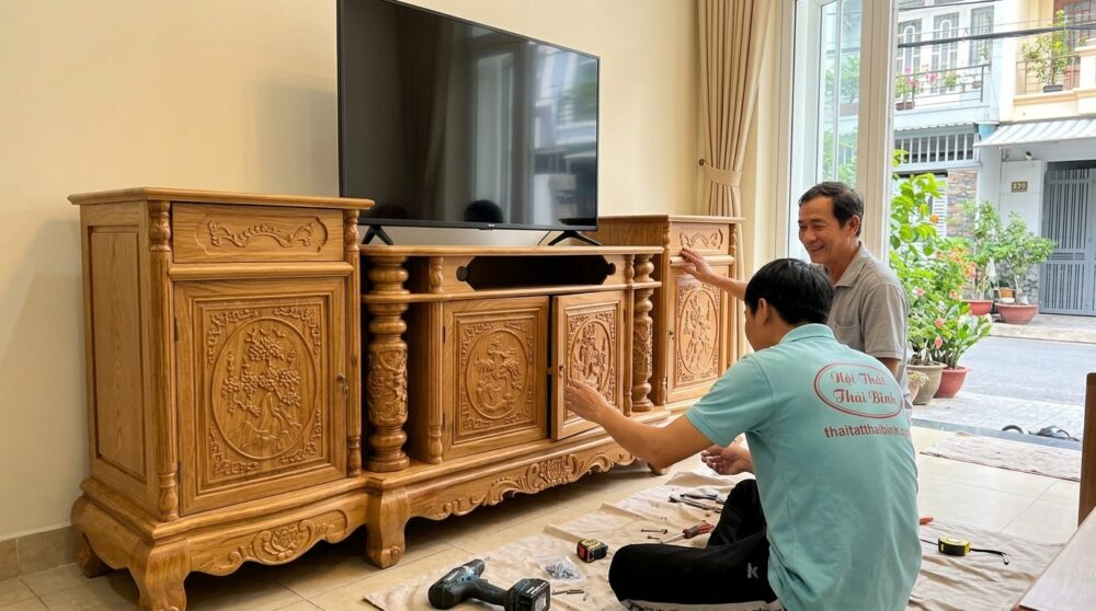 Kệ tivi gỗ gõ đỏ tại nhà Anh Trần Minh Hoàng – Quận 2, TPHCM