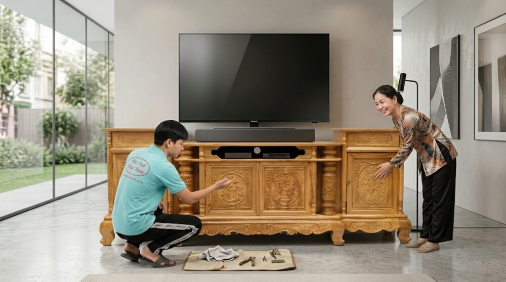 Kệ tivi gỗ gõ đỏ tại nhà Chị Nguyễn Thị Bích Trâm – Quận 7, TPHCM