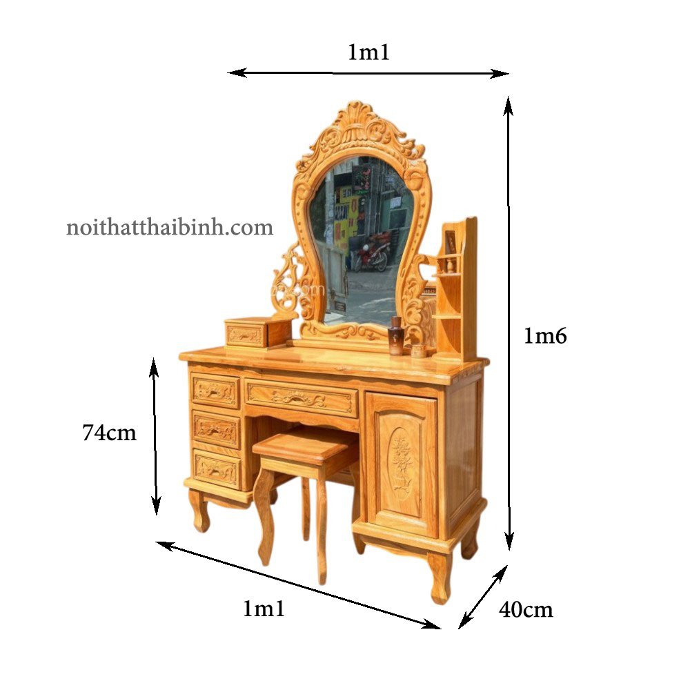 Kích thước bàn trang điểm gỗ gõ đỏ rộng 1m1 cao 1m1