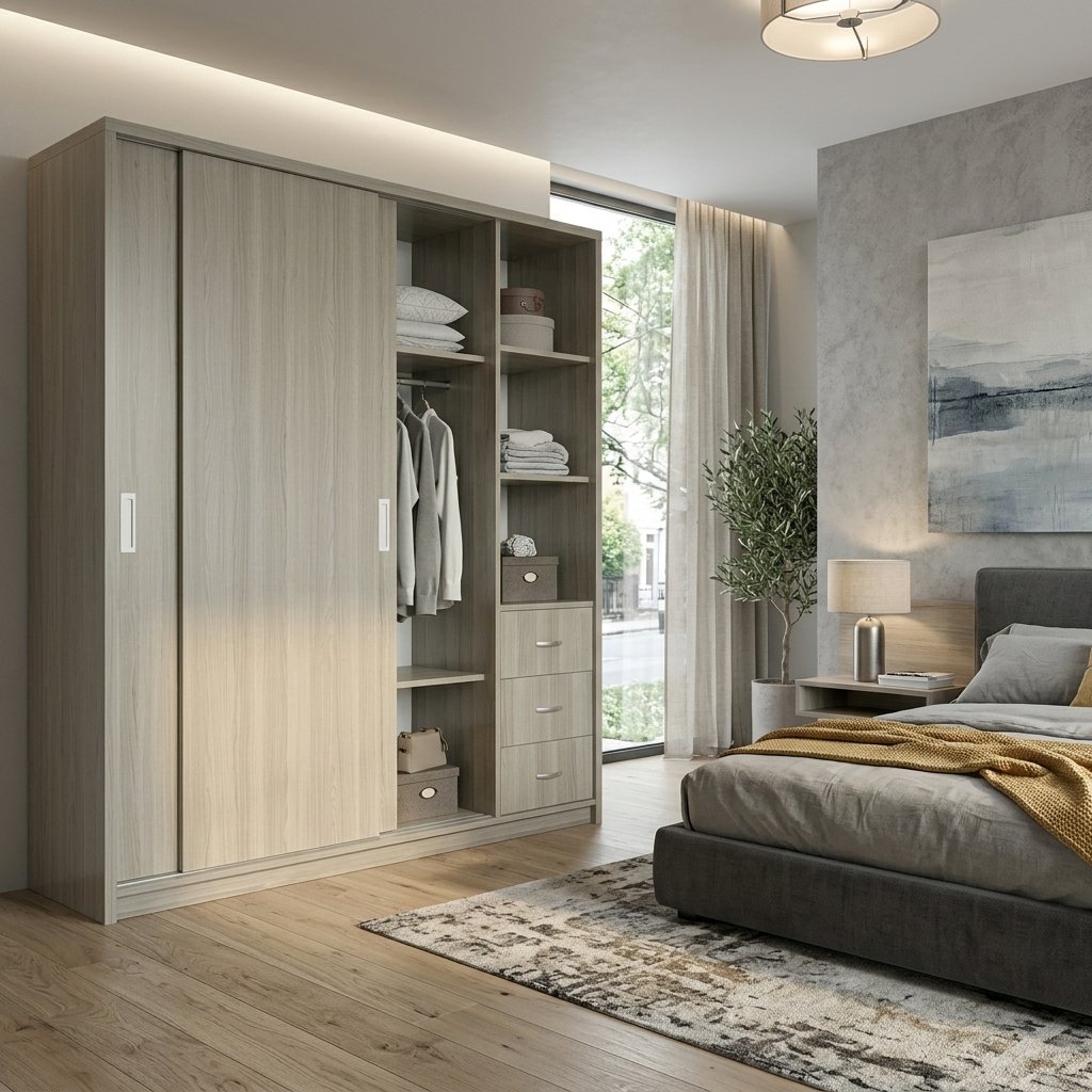 Tủ đồ cửa lùa hiện đại màu vân gỗ xám sang trọng
