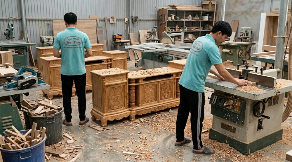 Tạo 1 tấm ảnh giống mẫu gốc 100%, màu sắc giống 100%, người mẫu trong hình giống áo mặc, thay đổi thao tác, góc chụp thay đổi, phong cảnh trong xưởng sản xuất. tạo thêm 1 người nữa nhìn từ phía sau áo có chữ NỘI THẤT THÁI BÌNH in trên áo như hình mẫu, sản phẩm giống mẫu 100%, dưới nền nhà xưởng và trên sản phẩm có dâm gỗ vụn, gỗ vụn. máy móc nghề mộc. trong xưởng có trên 3 sản phẩm. Giống mẫu sản phẩm 100%, có 1 người thợ đang sử dụng máy làm gỗ, hình đủ ánh sáng rỏ nét.