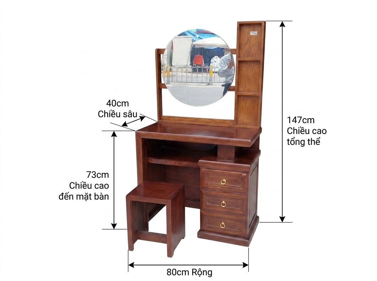 Toàn cảnh bàn trang điểm gỗ sồi màu óc chó mẫu 3462