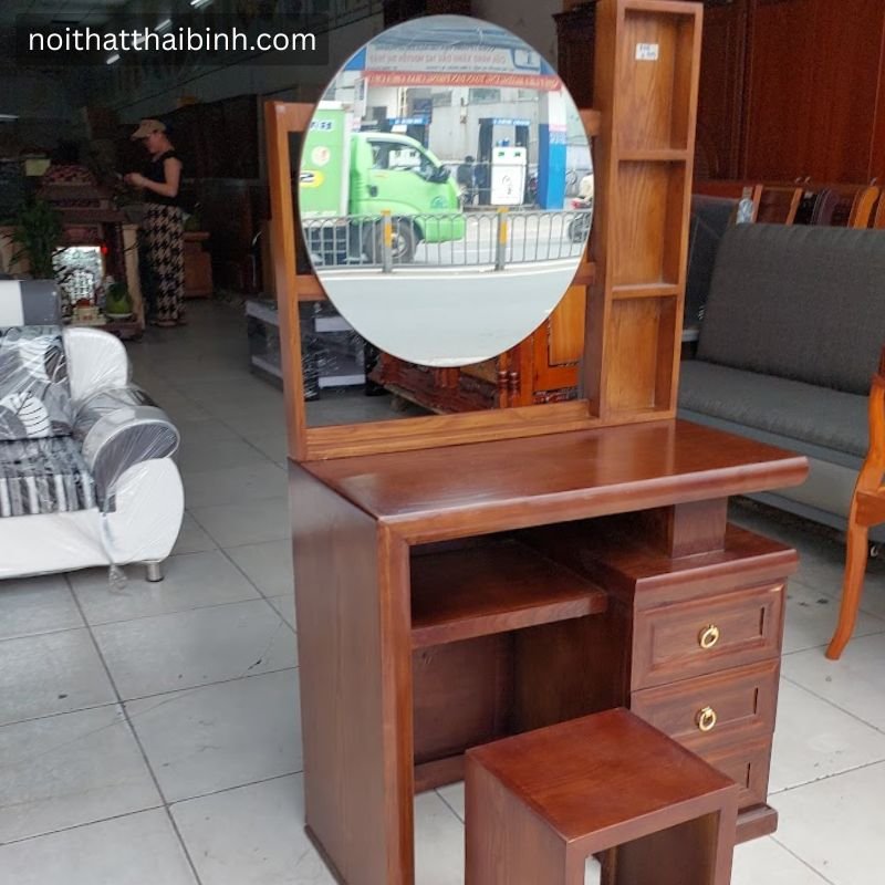 Bàn trang điểm gỗ sồi màu óc chó kê trong phòng ngủ