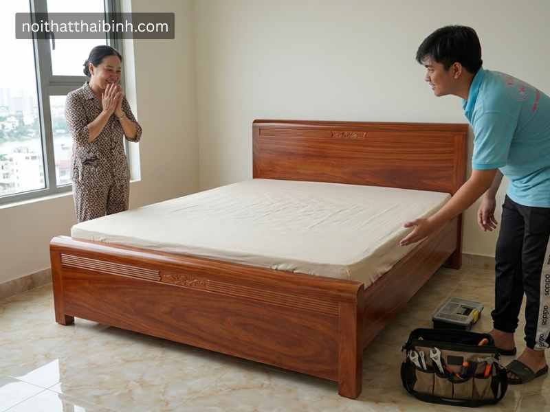 Giường ngủ gỗ tự nhiên vân cẩm Giường ngủ gỗ tự nhiên tại nhà Chị Ngọc Hân - Quận 7, TPHCM